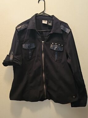 Harley-Davidson Black and Sequin Zip Up Military Style Dress Shirt